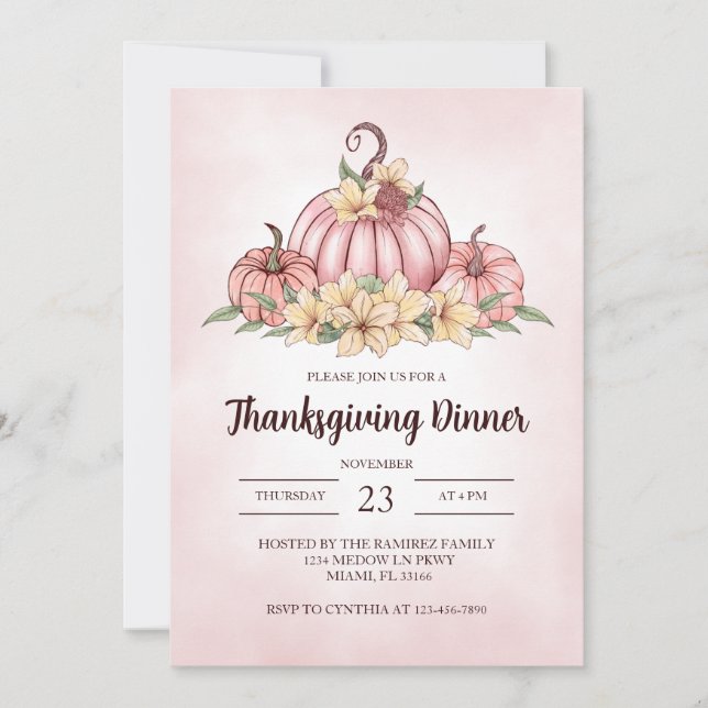 Pink Pumpkin  Floral Thanksgiving Invitation (Front)