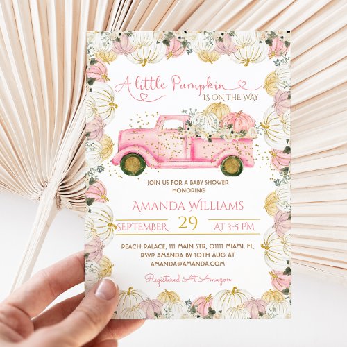 Pink Pumpkin Floral Truck Girl Baby Shower Invitation