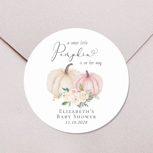 Pink Pumpkin Floral Watercolor Baby Girl Shower Classic Round Sticker