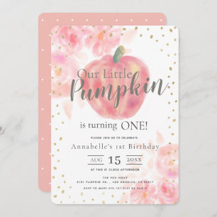 Pink Pumpkin & Floral Watercolor Girl 1st Birthday Invitation