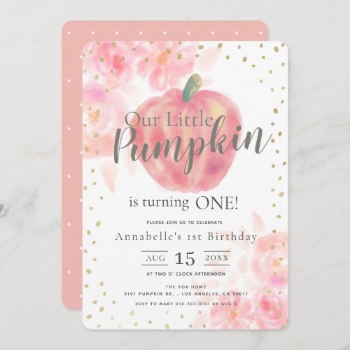 Pink Pumpkin  Floral Watercolor Girl 1st Birthday Invitation