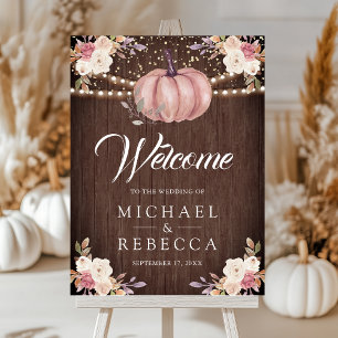Pink Pumpkin Floral Wood Wedding Welcome Sign