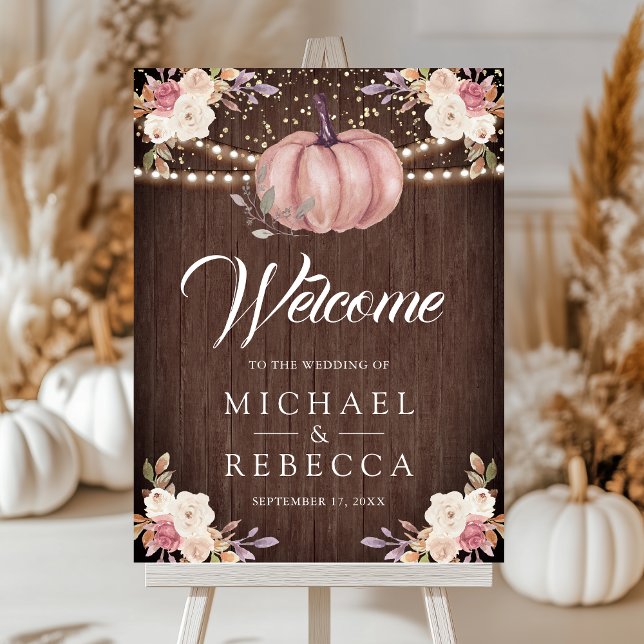 Pink Pumpkin Floral Wood Wedding Welcome Sign (Creator Uploaded)