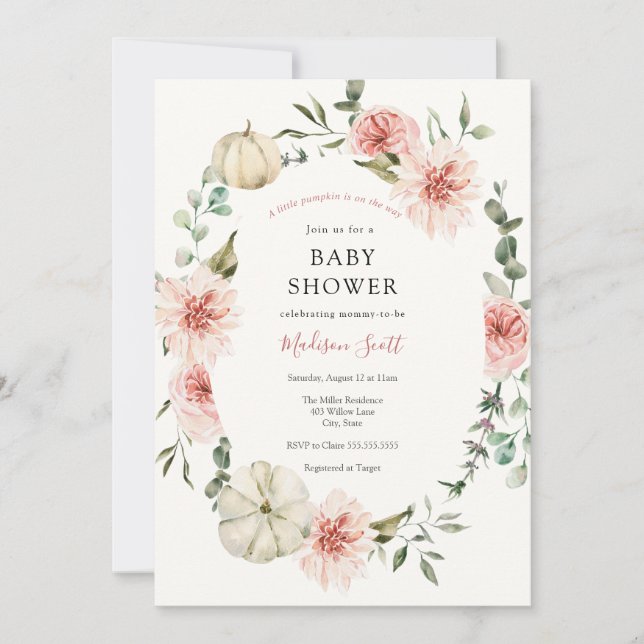 Pink Pumpkin Florals and Greenery Baby Shower Invitation (Front)