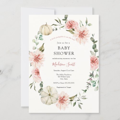 Pink Pumpkin Florals and Greenery Baby Shower Invitation
