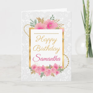 Pink Pumpkin Flowers Gold Foil Birthday Card