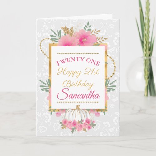 Pink Pumpkin Flowers Gold Foil Birthday Card