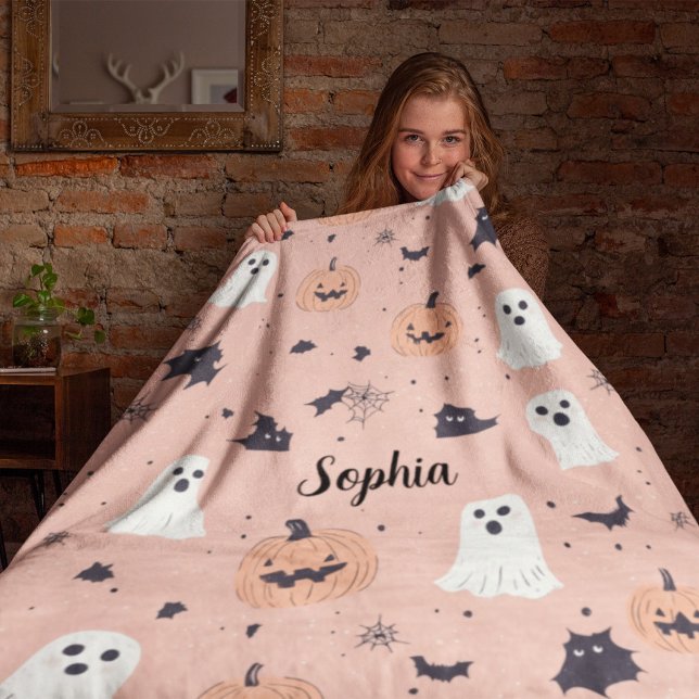Pink Pumpkin Ghost Bat Custom Name Halloween Fleece Blanket (Creator Uploaded)