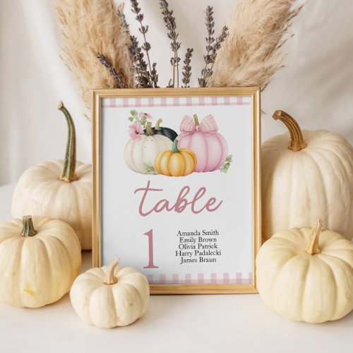 Pink Pumpkin Gingham Baby Shower Table Numbers Pedestal Sign