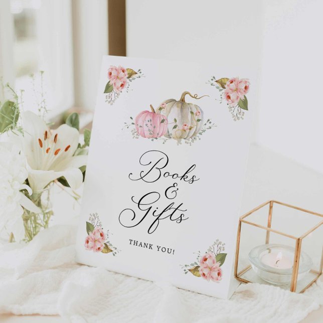 Pink Pumpkin Girl Baby Shower Books and Gifts Sign (Pink Pumpkin Books and Gifts Sign)