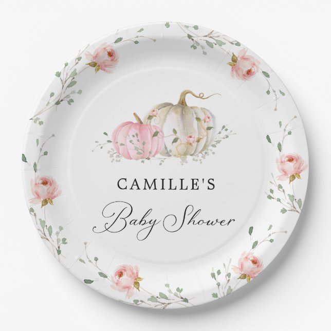 Pink Pumpkin Girl Baby Shower Party Paper Plate (Front)