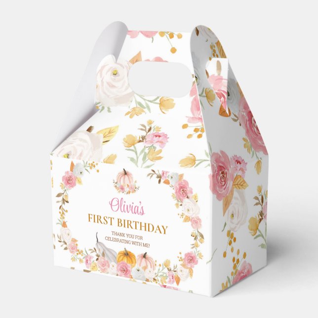 Pink Pumpkin Girl First Birthday Favor Box (Front Side)