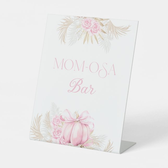 Pink Pumpkin Girl Floral Bow Baby Shower Bar Pedestal Sign (Front)