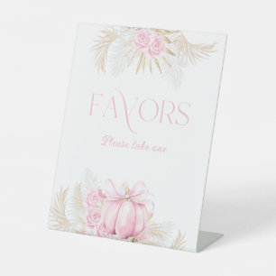 Pink Pumpkin Girl Floral Bow Baby Shower Favors Pedestal Sign