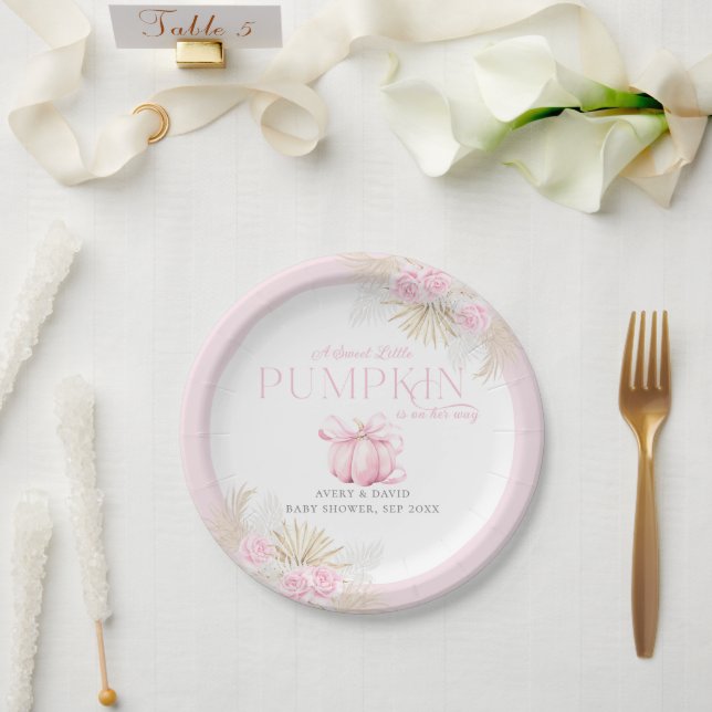 Pink Pumpkin Girl Floral Bow Baby Shower  Paper Plates (Wedding)