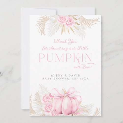 Pink Pumpkin Girl Floral Bow Baby Shower  Thank You Card