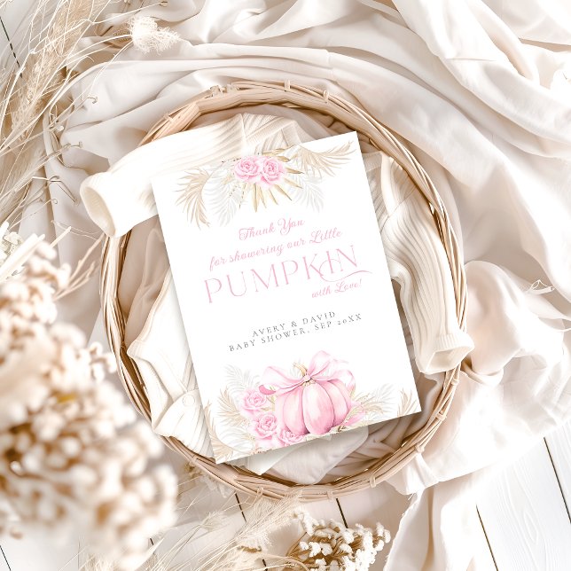 Pink Pumpkin Girl Floral Bow Baby Shower  Thank You Card (Creator Uploaded)