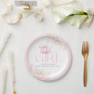 Pink Pumpkin Girl Floral Bow Baby Shower Welcome Paper Plates