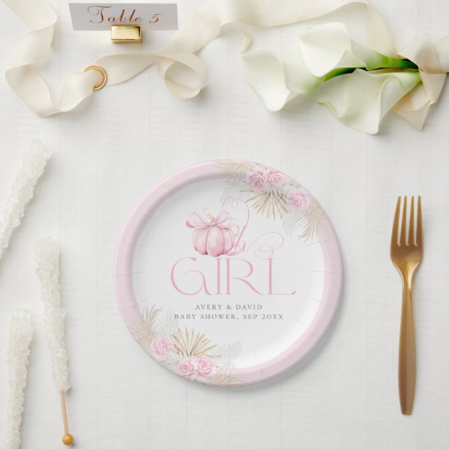Pink Pumpkin Girl Floral Bow Baby Shower Welcome Paper Plates (Wedding)