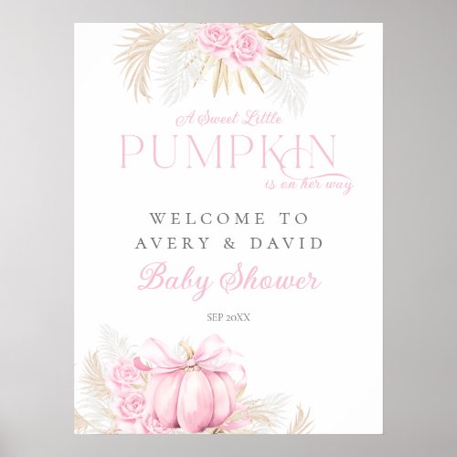 Pink Pumpkin Girl Floral Bow Baby Shower Welcome Poster