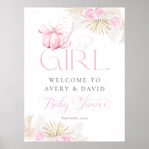 Pink Pumpkin Girl Floral Bow Baby Shower Welcome Poster