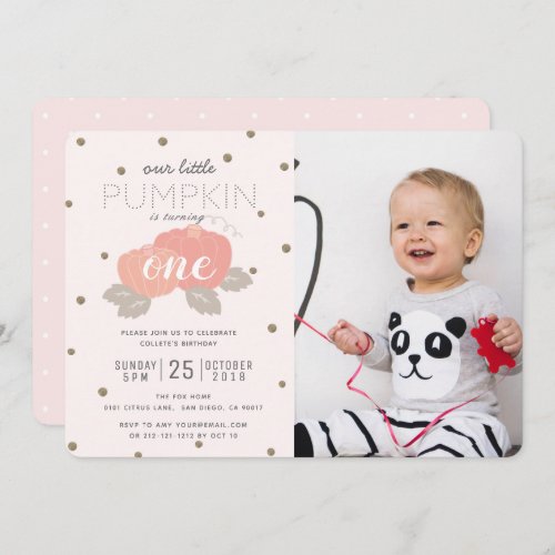 Pink Pumpkin Girl Photo First Birthday Invitation