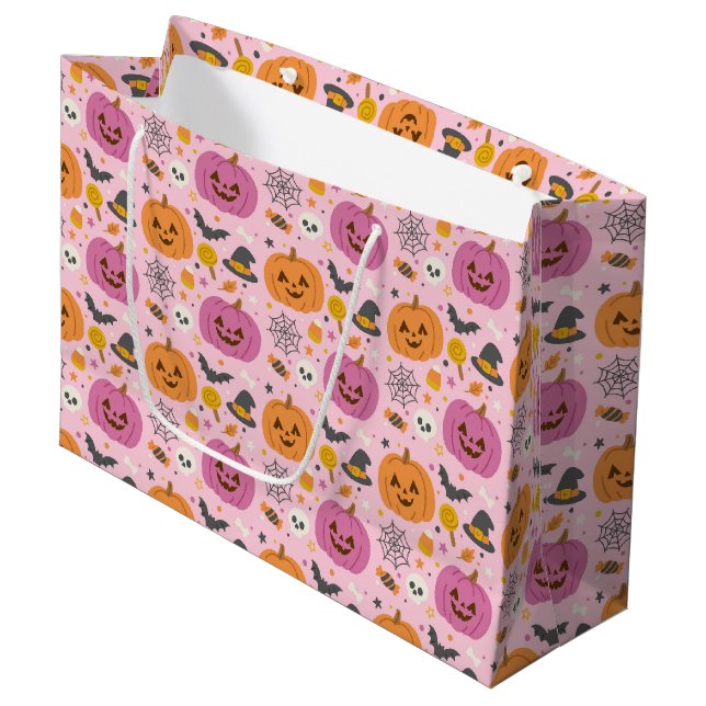 Pink Pumpkin Halloween Pattern Large Gift Bag (Front Angled)