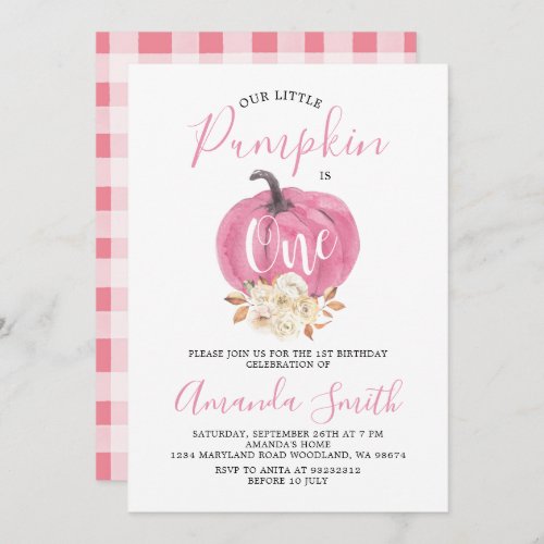  Pink Pumpkin Is One Birthday Rustic Floral Invitation