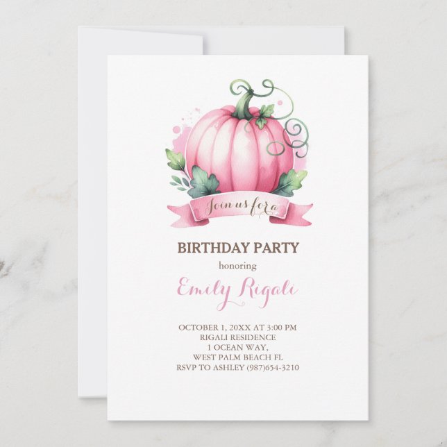 Pink Pumpkin Kids Birthday Party Invitations (Front)