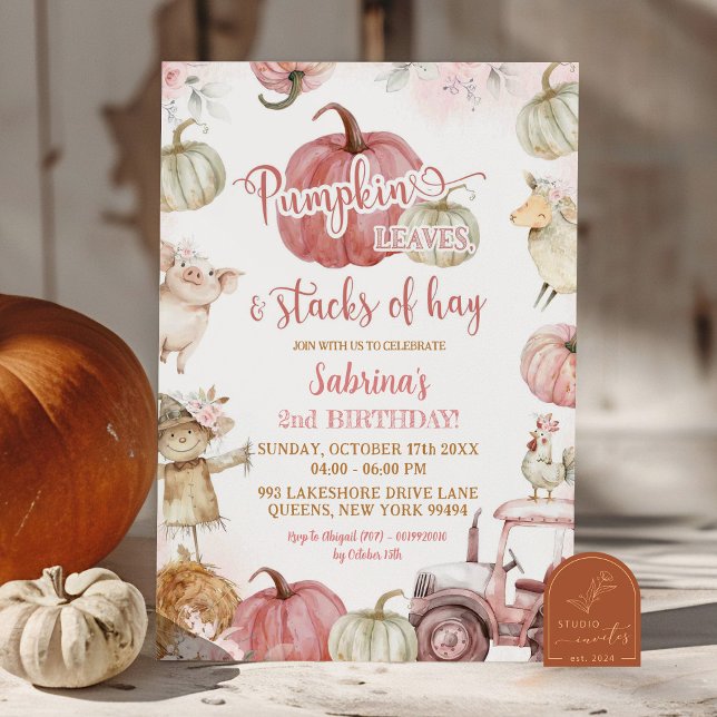Pink Pumpkin Leaves and stacks of Hay Birthday Invitation (Creator Uploaded)