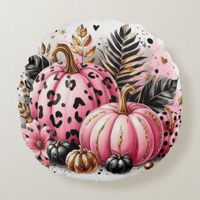 Pink Pumpkin Maximalist  Round Pillow (Front)