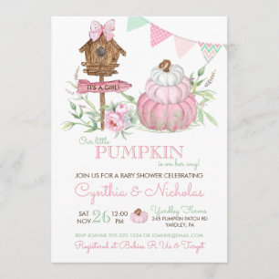 Pink Pumpkin Patch Birdhouse Girl Baby Shower Invitation