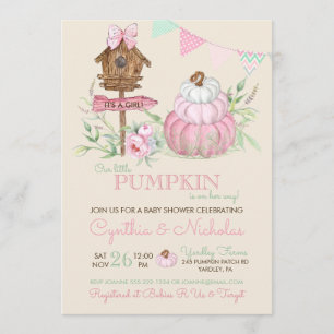 Pink Pumpkin Patch Birdhouse Girl Baby Shower Invitation