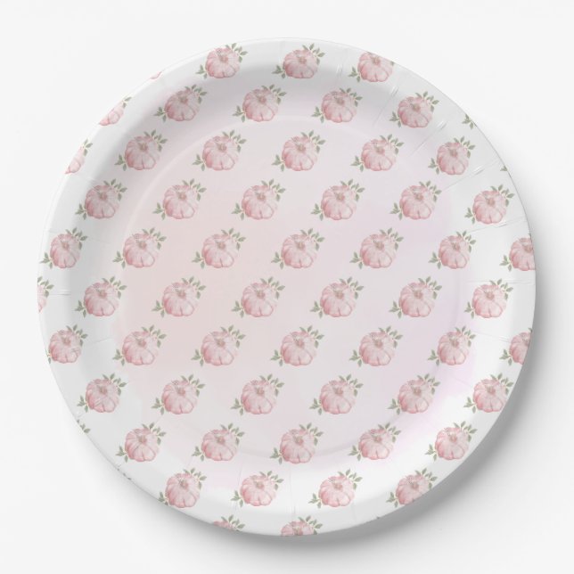 Pink Pumpkin Pattern Autumn on White Paper Plates (Front)