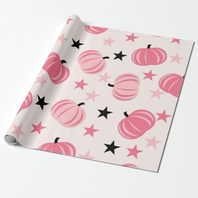 Pink Pumpkin Pattern With Stars Wrapping Paper (Unrolled)