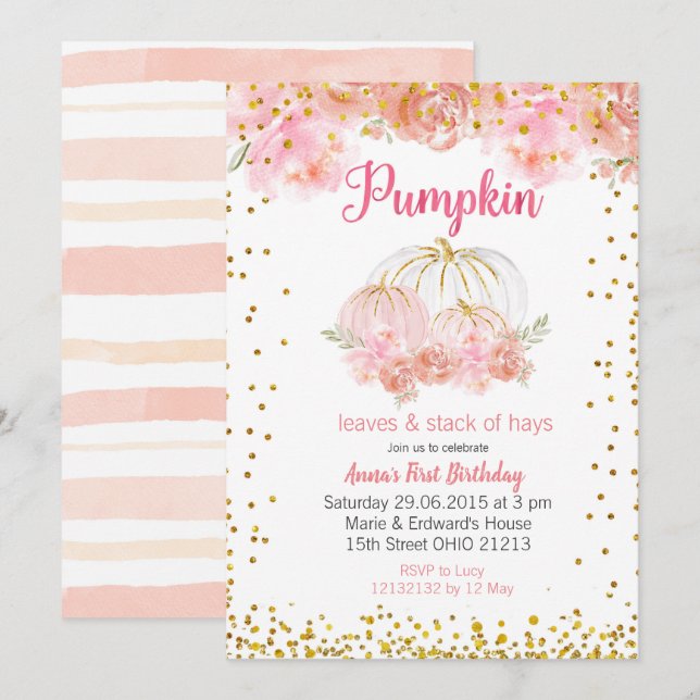 Pink pumpkin Pink gold Pumpkin 1st Birthday Invitation (Front/Back)