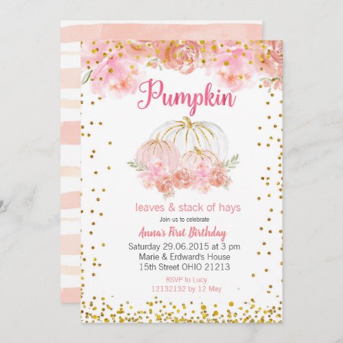 Pink pumpkin Pink gold Pumpkin 1st Birthday Invitation