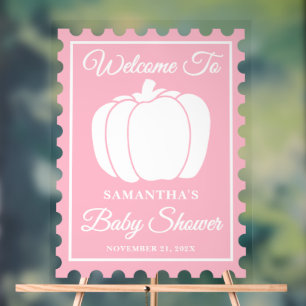 Pink Pumpkin Postage Stamp Baby Shower Welcome Acrylic Sign