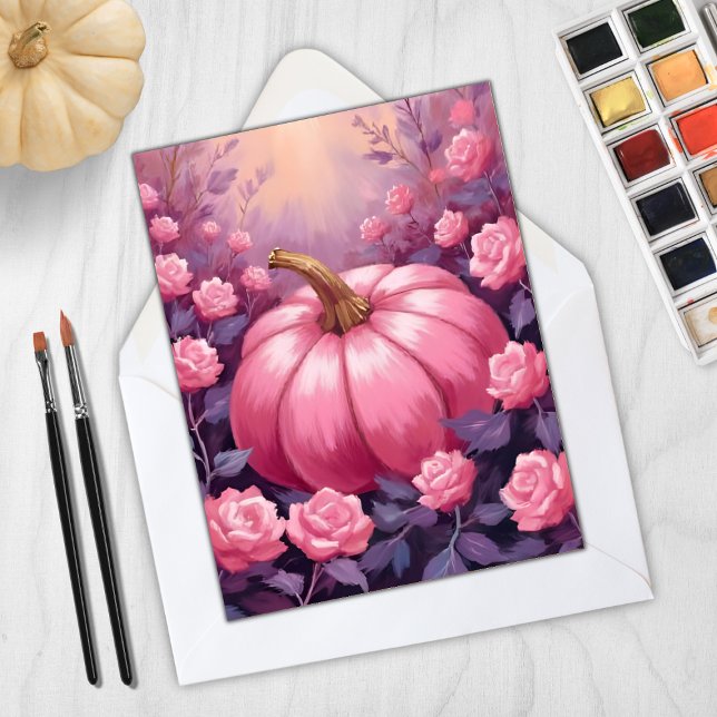 Pink Pumpkin Rose Floral Halloween Thanksgiving Holiday Card (Creator Uploaded)