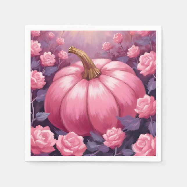 Pink Pumpkin Rose Floral Halloween Thanksgiving Napkins (Front)