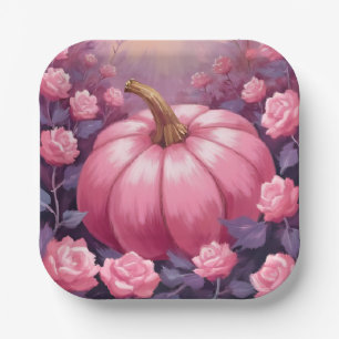 Pink Pumpkin Rose Floral Halloween Thanksgiving Paper Plates