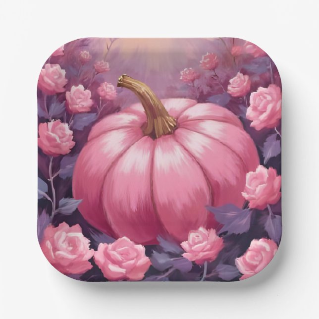 Pink Pumpkin Rose Floral Halloween Thanksgiving Paper Plates (Front)