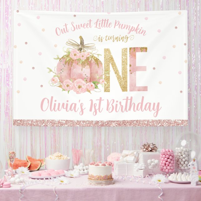 Pink Pumpkin Rose Gold 1st Birthday One Backdrop Banner (Party)