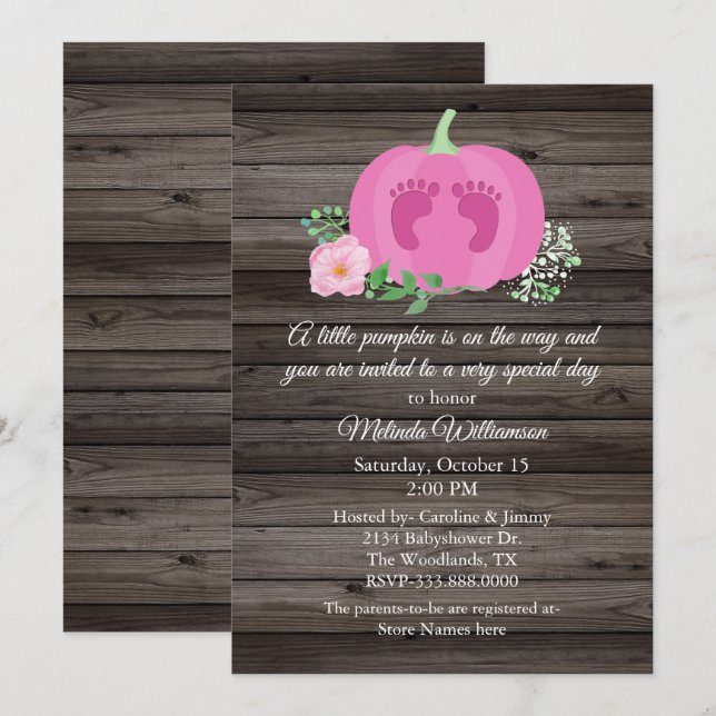 Pink Pumpkin Rustic Wood Baby Shower Invitation (Front/Back)