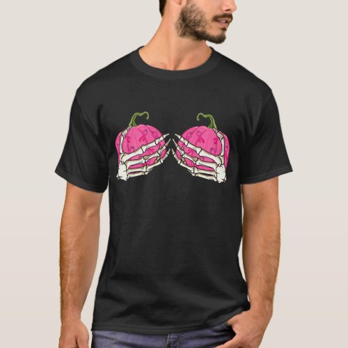 Pink Pumpkin Skeleton Hands Bra Breast Cancer T_Shirt