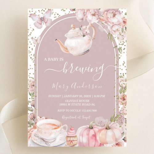 Pink Pumpkin Tea Party Baby is Brewing Invitation