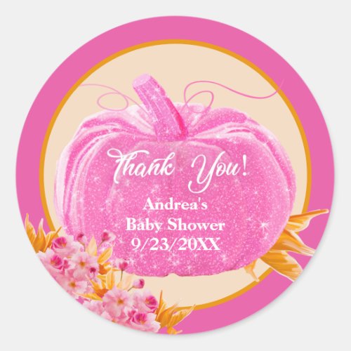 Pink Pumpkin Thank You Baby Shower Classic Round Sticker