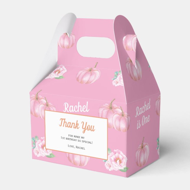 Pink Pumpkin themed birthday party Favor Boxes (Front Side)