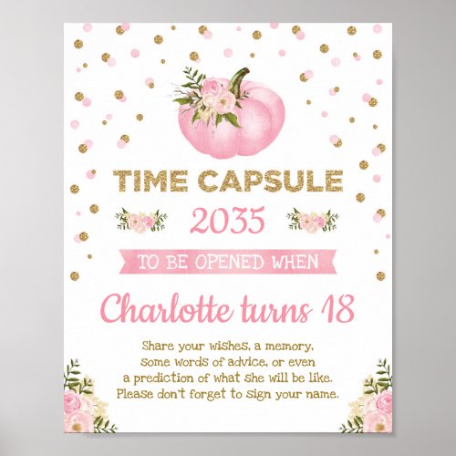 Pink Pumpkin Time Capsule Floral First Birthday Poster