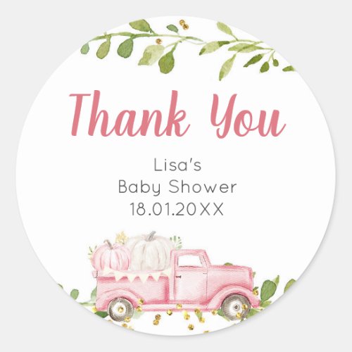 Pink Pumpkin Truck Baby Shower Thank You Sticker